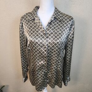 Tess Vintage Diamond Pattern Black and Gold Metallic Blouse 12 (5883)